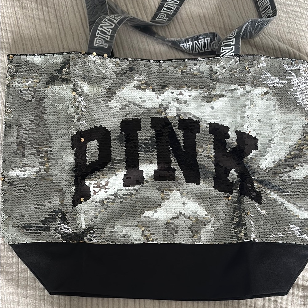 PINK Victoria's Secret Silver and Black Sequin Tote Bag